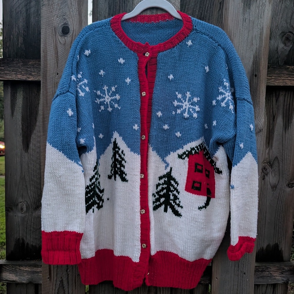 Womens Unbranded Blue Red Winter Cabin Snowflake Knit Cardigan L Good Vintage